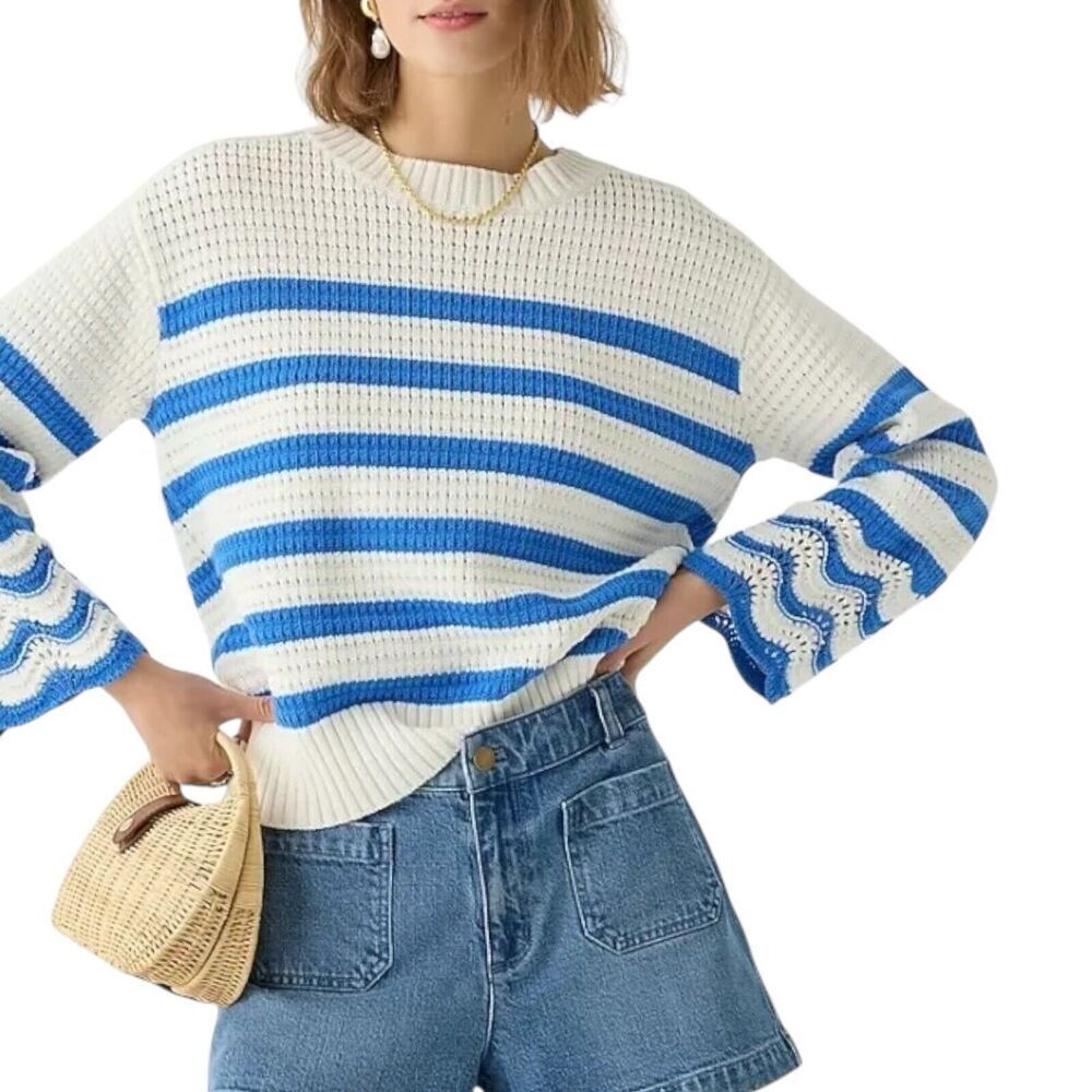 J Crew Sweater Womens L Cotton Blue Striped Textured Crewneck Pullover Crochet